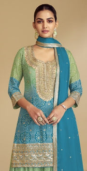 Beautiful Sky Blue Color Chinon Fabric Designer Party Wear Sharara Suit